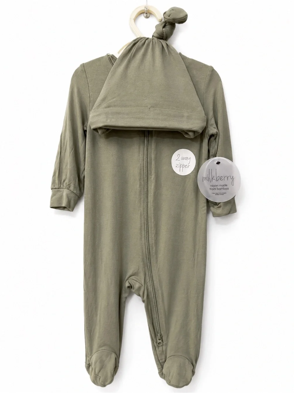 Milkberry Olive Green Zippered Baby Footie with Matching Hat